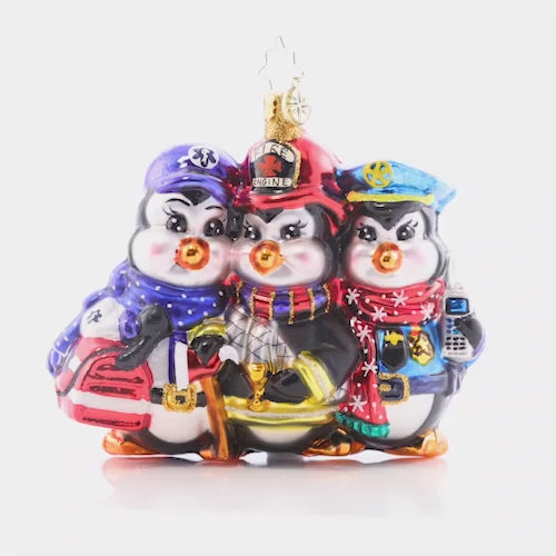 Video - Ornament Description - First Responder Charity: A service trio that'll handle any winter emergency with the most dedicated urgency. No matter the bad weather, this penguin flock will always stick together. A percentage of the sales from this ornament will benefit a charity that supports first responders.