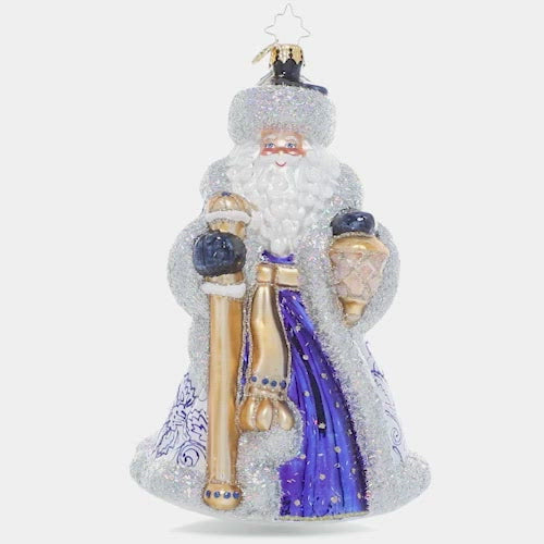 Video - Ornament Description - Cheerful Chinoiserie Santa: The definition of Christmas elegance, Santa stuns in robes inspired by the intricate designs of European Chinoiserie. In snow white and rich sapphire blue, he looks like a work of art himself!