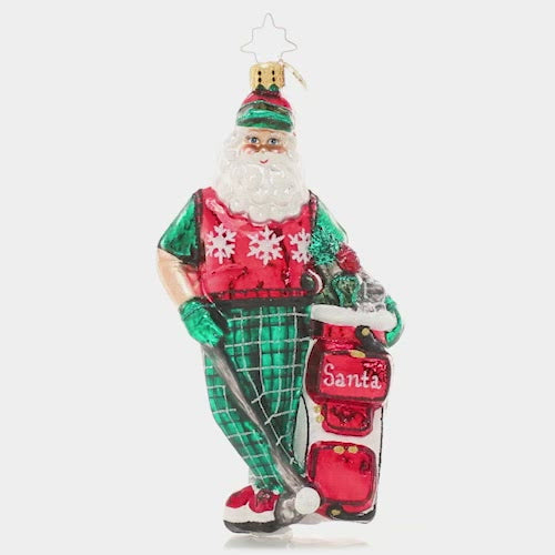 Video - Ornament Description - Jolly Golfer Santa: When he's not preparing for Christmas, Santa gets his swing on at the golf course. He's hoping for a ho-ho-hole in one! This video shows the ornament slowly spinning. 